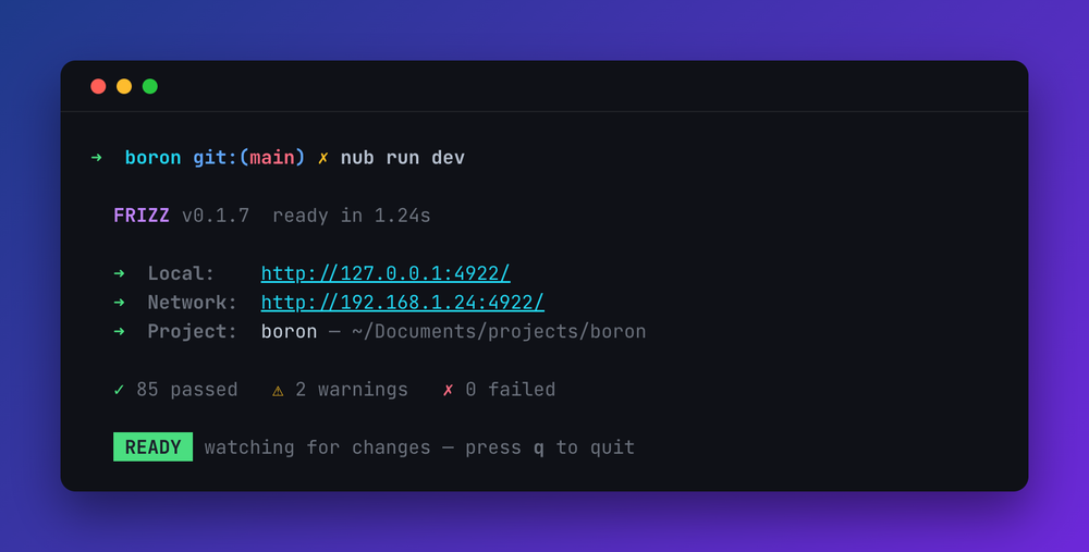 A terminal screenshot exported from Boron: a dev server starting, with a colored prompt, underlined links, a filled project name and a green READY badge